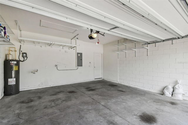 garage featuring electric panel, a garage door opener, and water heater