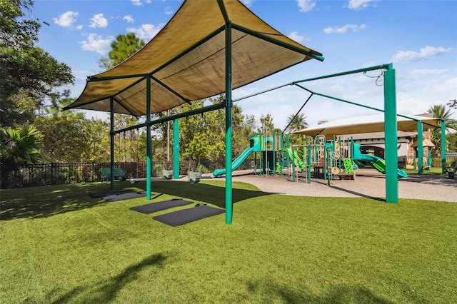 view of jungle gym featuring a yard