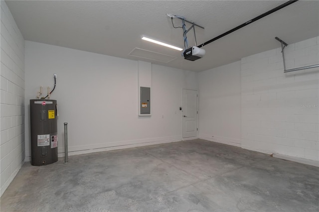 garage featuring a garage door opener, water heater, and electric panel