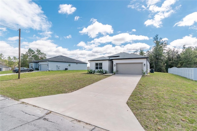 single story home with stucco siding, an attached garage, fence, driveway, and a front lawn