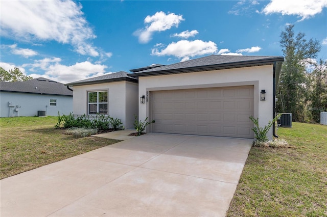 view of front of property featuring stucco siding, a front yard, a garage, cooling unit, and driveway