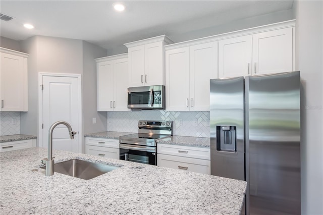 kitchen with backsplash, white cabinetry, stainless steel appliances, and a sink