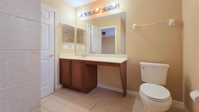 bathroom with vanity, toilet, tile patterned floors, and ceiling fan