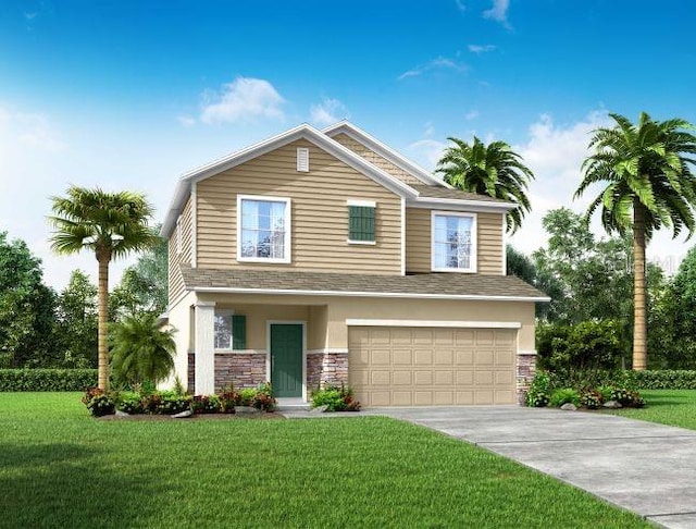 view of front facade featuring a front lawn and a garage