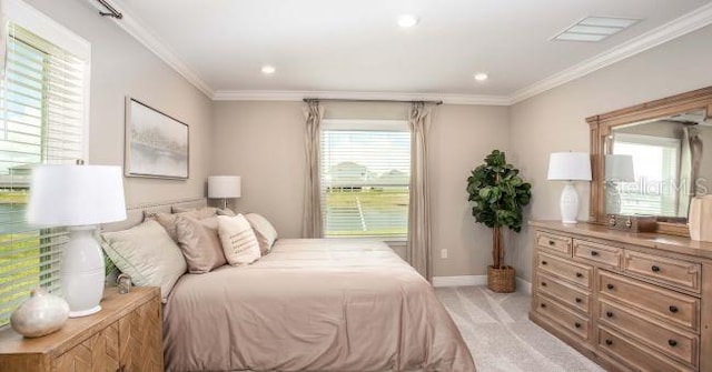 carpeted bedroom featuring ornamental molding