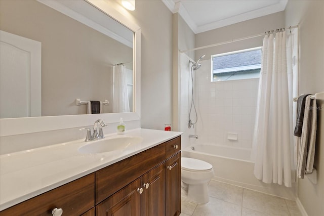 full bathroom featuring tile patterned floors, toilet, shower / tub combo with curtain, vanity, and ornamental molding