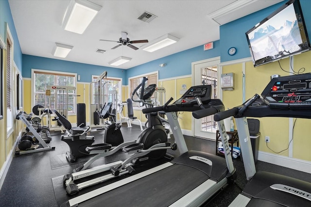 workout area featuring ceiling fan