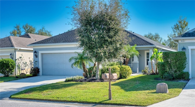 view of front of home with a front yard and a garage