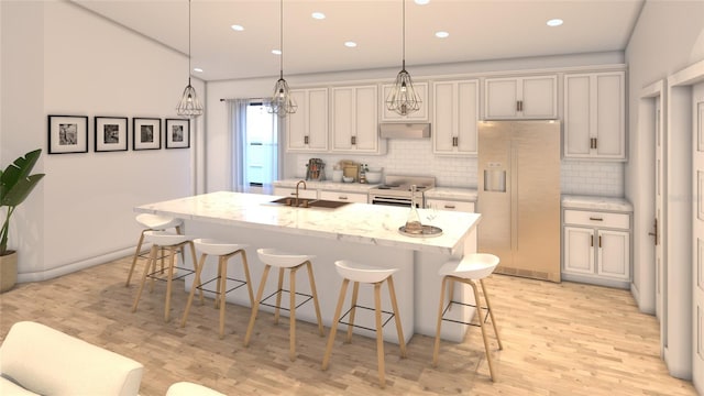 kitchen with a center island with sink, sink, white range with electric stovetop, light wood-type flooring, and fridge with ice dispenser