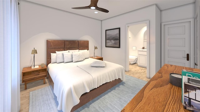 bedroom with ensuite bathroom, ceiling fan, and light wood-type flooring