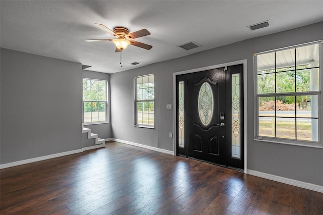 foyer with a textured ceiling, dark hardwood / wood-style floors, and ceiling fan