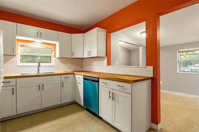 kitchen with dishwasher, sink, tasteful backsplash, wood counters, and white cabinetry