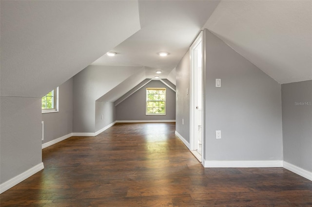 additional living space featuring dark hardwood / wood-style floors and lofted ceiling