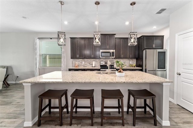 kitchen featuring stainless steel appliances, a kitchen bar, pendant lighting, and a center island with sink