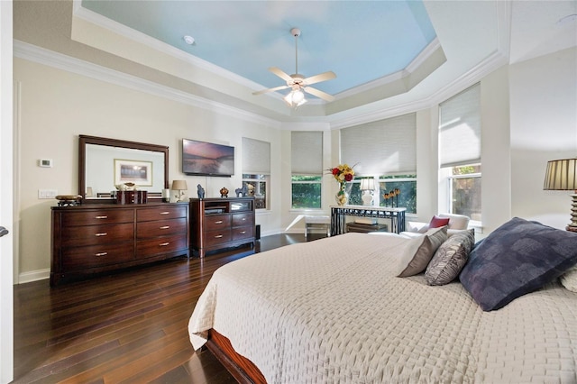 bedroom with multiple windows, a raised ceiling, and ceiling fan