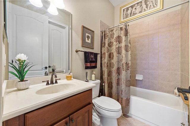 full bathroom featuring toilet, tile patterned floors, vanity, and shower / tub combo with curtain