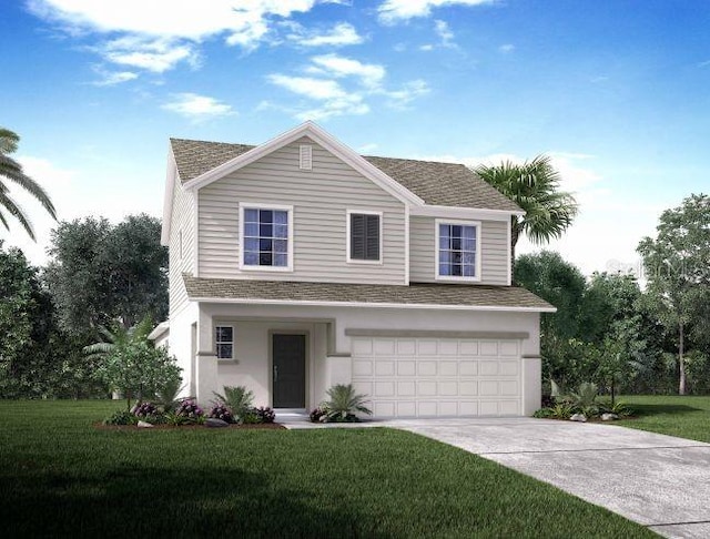 view of front facade featuring a front lawn and a garage