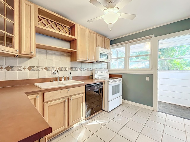 kitchen featuring sink, light brown cabinetry, backsplash, and white appliances