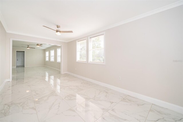 unfurnished room with ornamental molding and ceiling fan