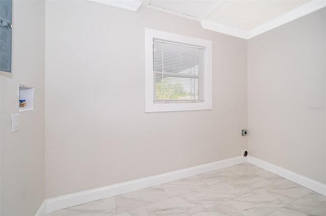 laundry room featuring hookup for an electric dryer, hookup for a washing machine, and ornamental molding