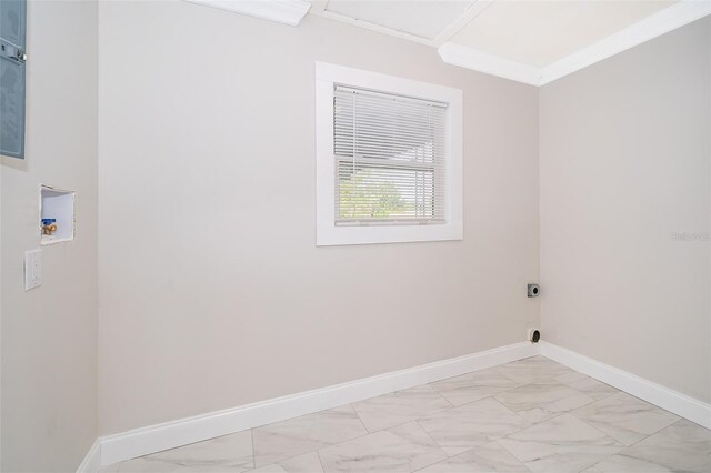 3703 Wade Rd, Orlando, FL 32808 - laundry room with light marble finish flooring, washer hookup, electric dryer hookup, baseboards, and crown molding