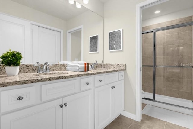 bathroom with vanity, toilet, tile patterned flooring, and an enclosed shower