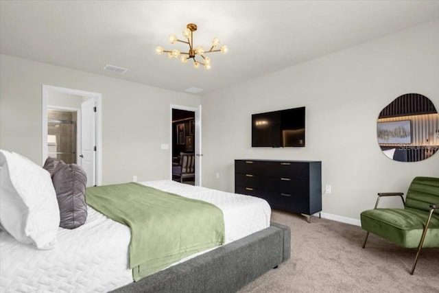 carpeted bedroom featuring connected bathroom and an inviting chandelier