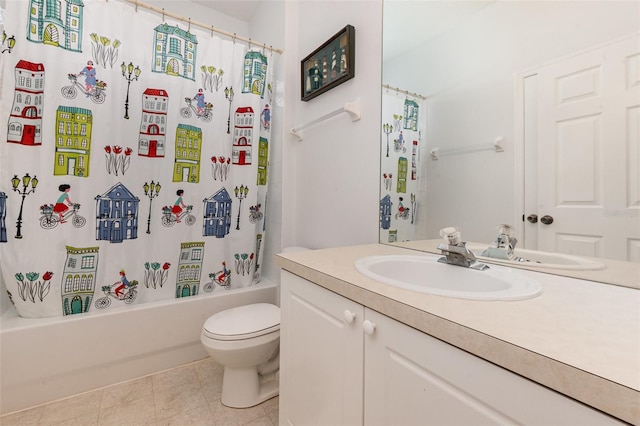 full bathroom with shower / tub combo with curtain, vanity, tile patterned flooring, and toilet