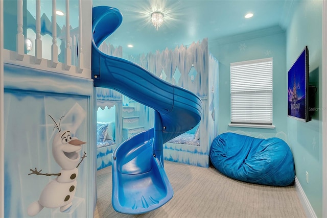 bedroom featuring carpet flooring and crown molding