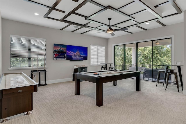 playroom featuring ceiling fan, light colored carpet, and billiards