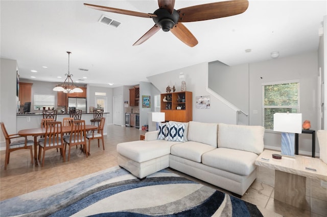 living room featuring ceiling fan