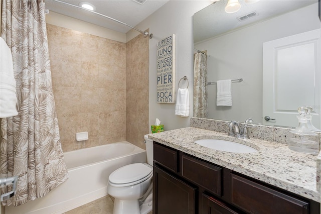 full bathroom with vanity, tile patterned floors, toilet, and shower / bathtub combination with curtain