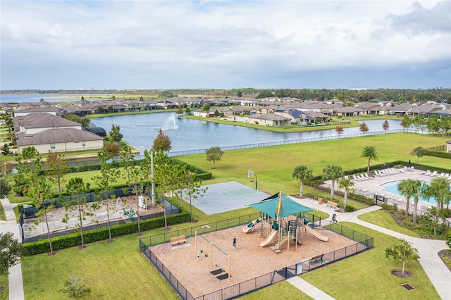 drone / aerial view featuring a water view