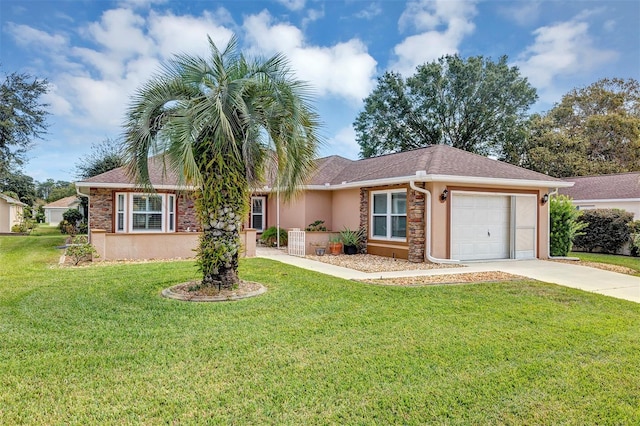 single story home featuring a front yard and a garage