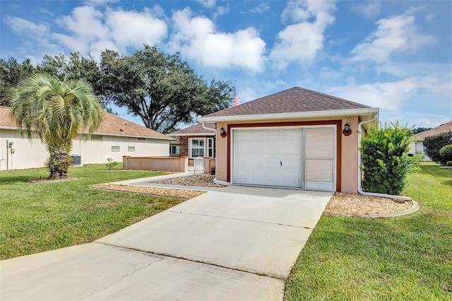 single story home featuring a front yard and a garage