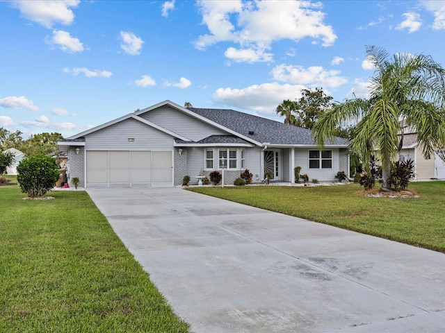 ranch-style home featuring a front yard and a garage