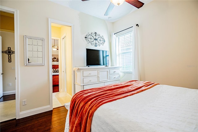 bedroom featuring wood-type flooring and ceiling fan