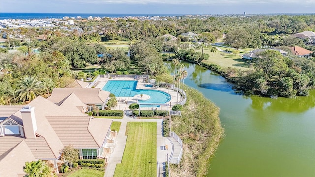 drone / aerial view with a water view