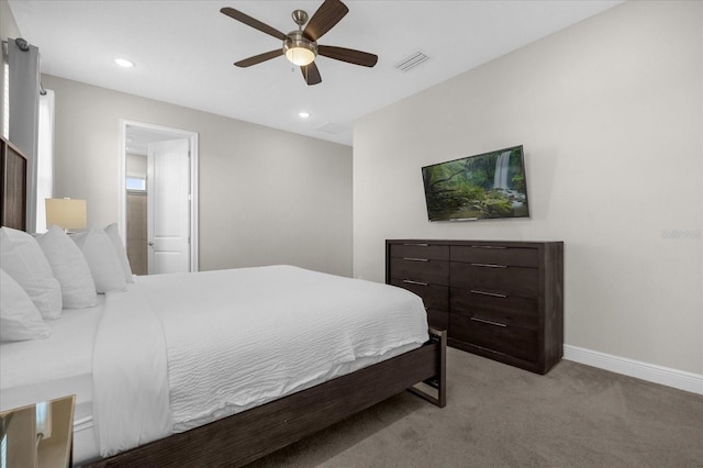 carpeted bedroom featuring ceiling fan