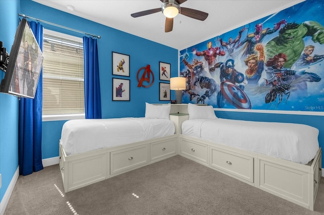 bedroom featuring light carpet and ceiling fan