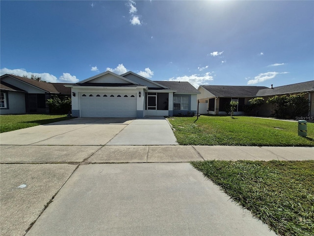 single story home with a front lawn and a garage