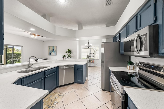 kitchen with ceiling fan with notable chandelier, sink, stainless steel appliances, and blue cabinets