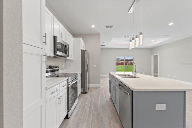 kitchen featuring a kitchen island with sink, stainless steel appliances, sink, and a tray ceiling