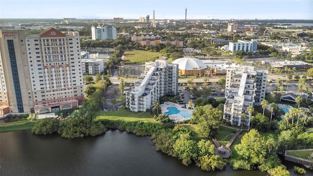 birds eye view of property featuring a water view