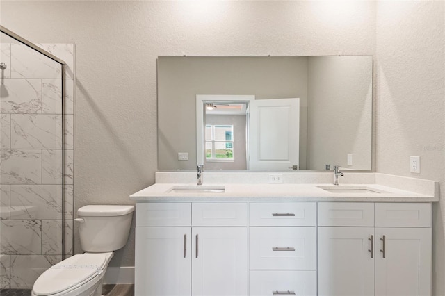 bathroom with vanity, toilet, and a shower with door