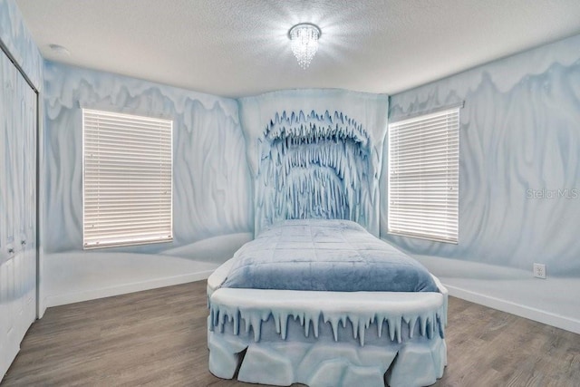 bedroom featuring a textured ceiling, hardwood / wood-style flooring, and a closet