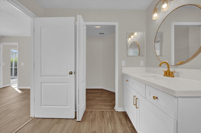 bathroom with vanity and hardwood / wood-style floors