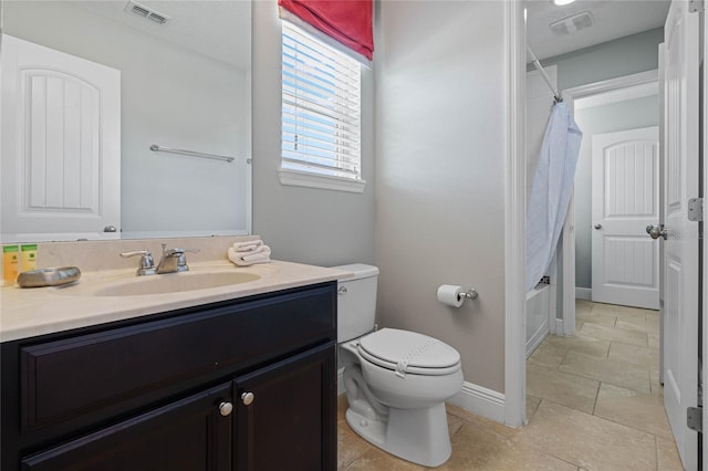 full bathroom featuring tile patterned flooring, vanity, shower / bath combination with curtain, and toilet