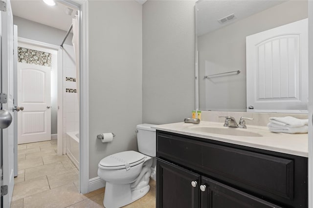 full bathroom with shower / bath combination, vanity, tile patterned floors, and toilet