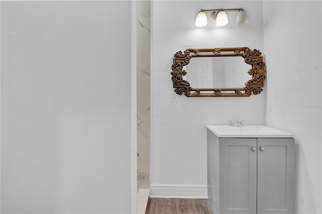 bathroom with hardwood / wood-style flooring and vanity